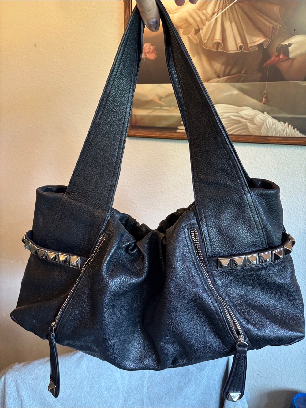 B Makowsky vintage Black Studded Leather Shoulder Bag-large